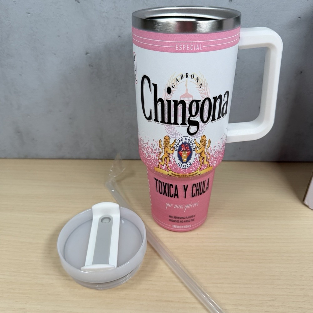 Chignona 20 Oz Tumbler Pink And White‎ NIB MODELO Toxica Y Chula Stainless Steel